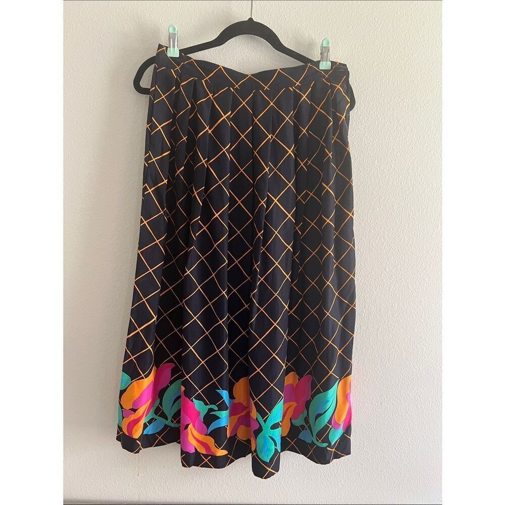 Vintage Lord & Taylor Black TropicalFloral Midi Skirt Colorful Geometric 80s 90s